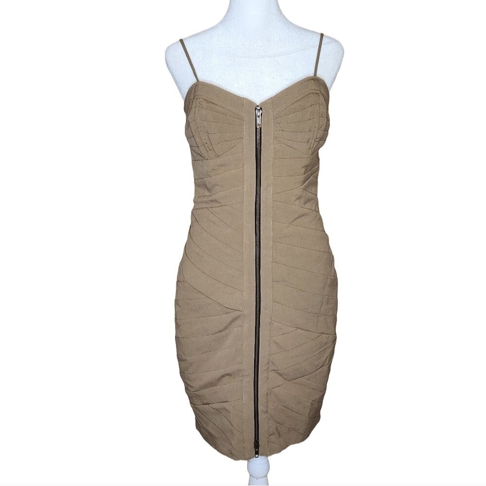 Tracy Reese Olive Green Zip Front Structured Bodycon Mini Dress 10 Y2K Bandage